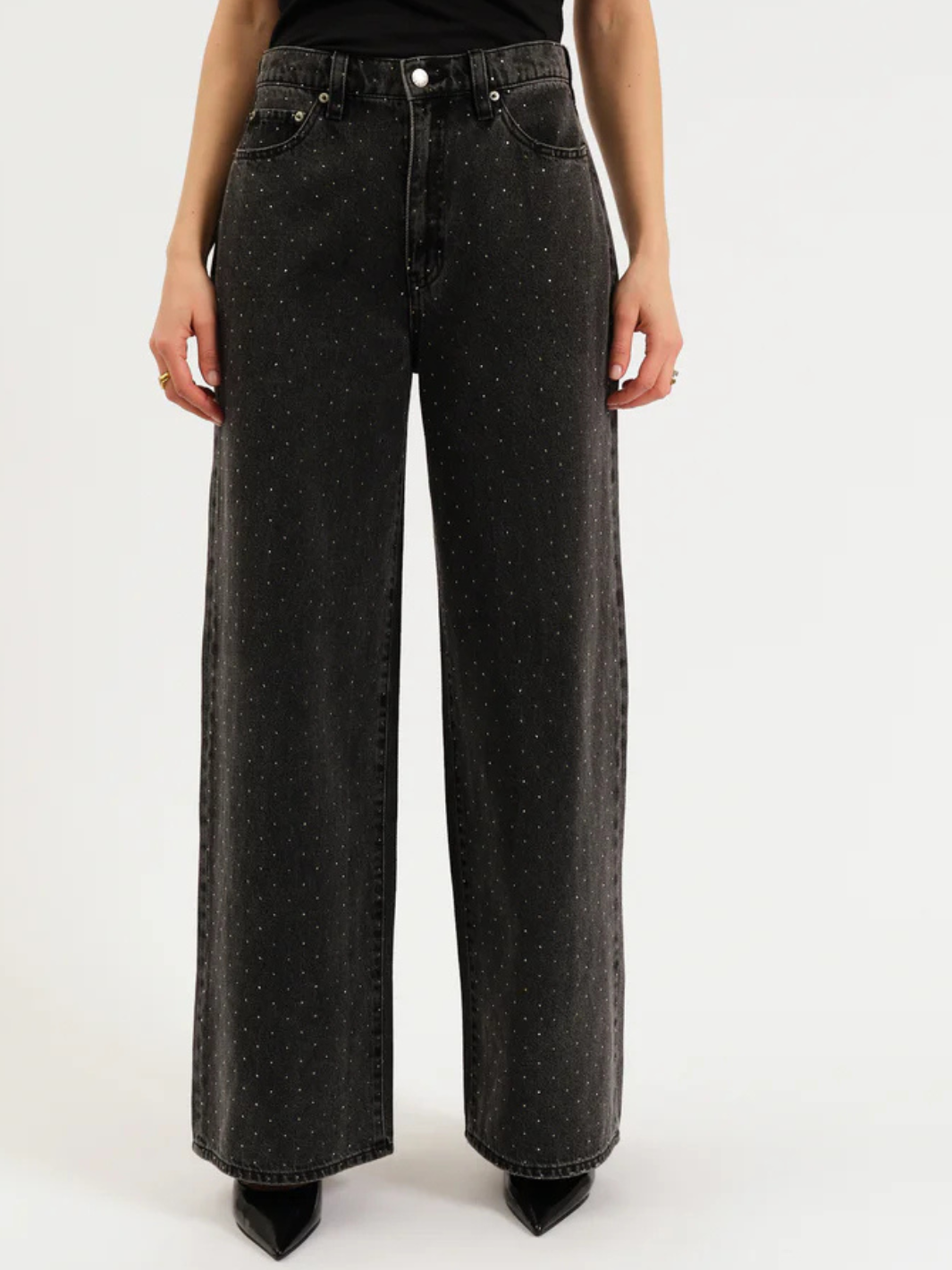 Daze Denim Far Out High Rise Wide Leg Jeans in black with a subtle speckled pattern.