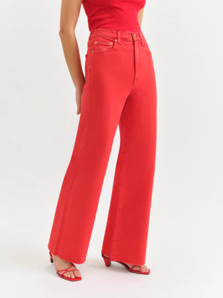 DAZE DENIM Far Out High Rise Wide Leg Jeans in bold red with flattering wide-leg silhouette