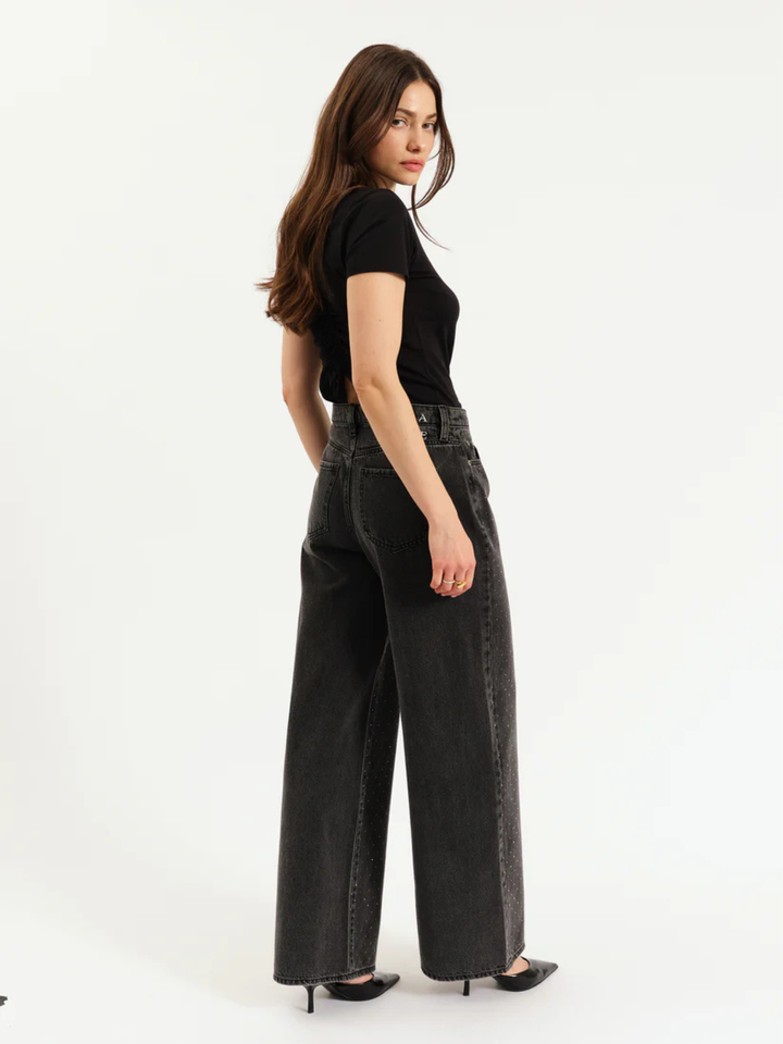DAZE DENIM Far Out High Rise Wide Leg Jeans in dark wash worn with a black top