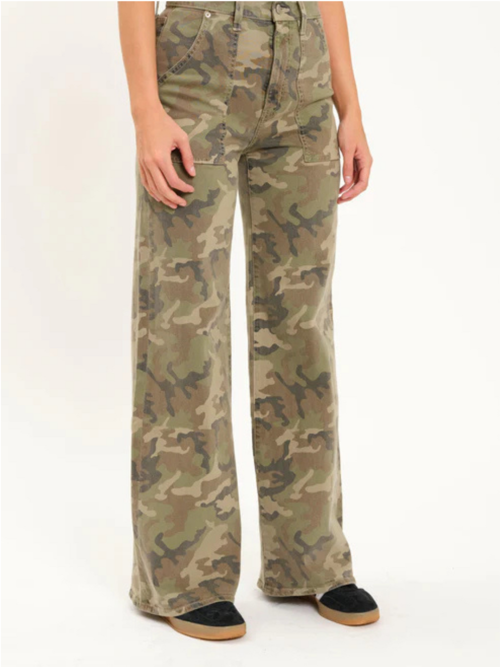 Stylish camo flares showcasing the DAZE DENIM - Far Out High Rise Wide Leg, perfect for a bold fashion statement.