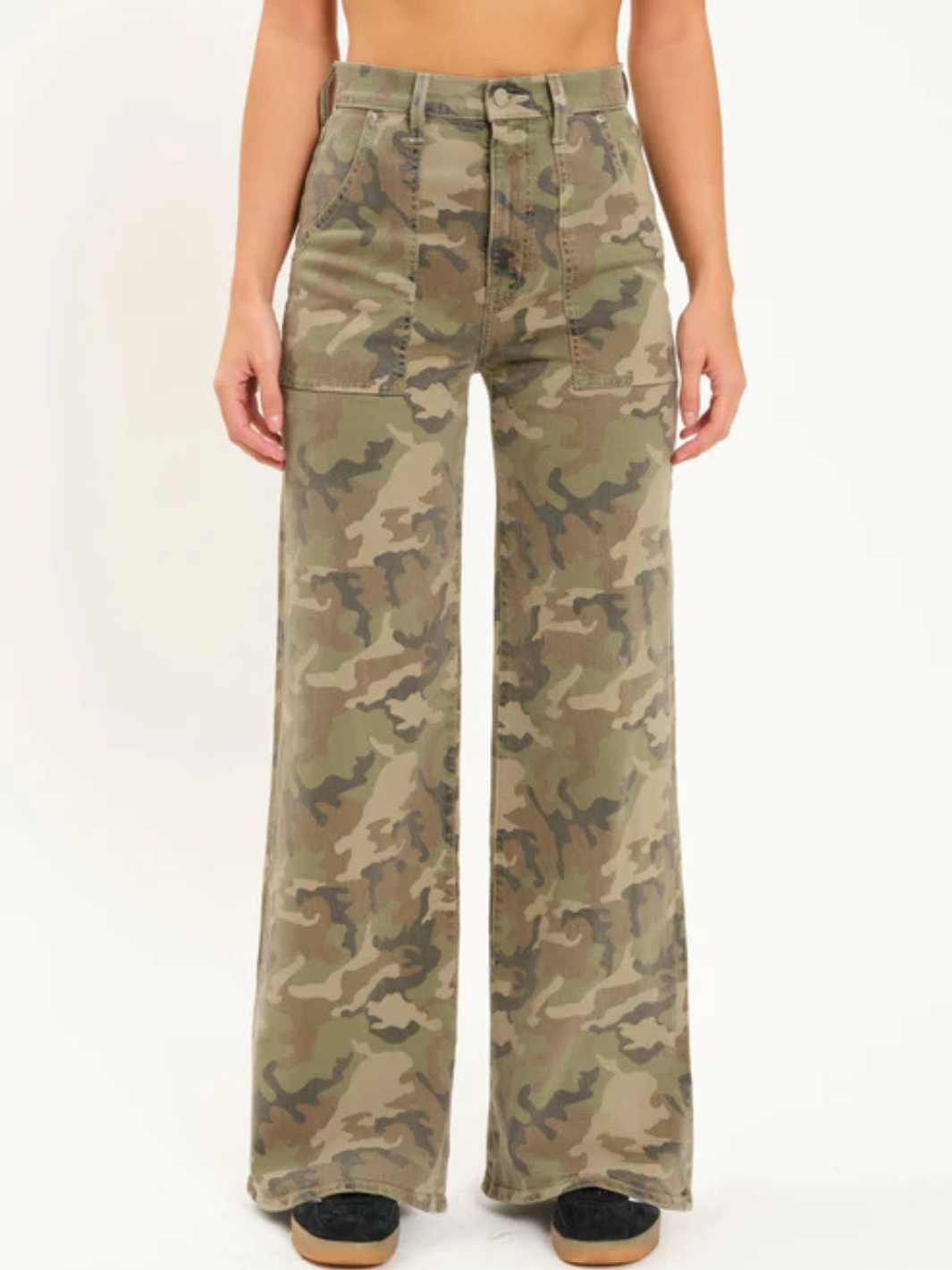 DAZE DENIM - Far Out High Rise Wide Leg features stylish camo flares with a vintage-inspired silhouette.