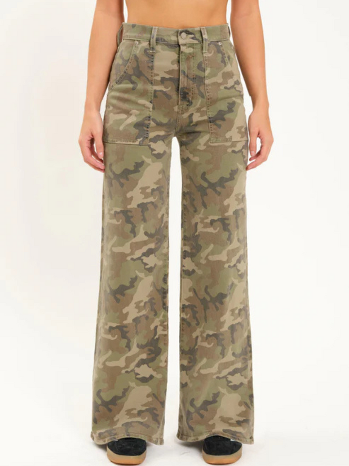 DAZE DENIM - Far Out High Rise Wide Leg features stylish camo flares with a vintage-inspired silhouette.
