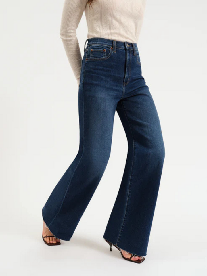 DAZE DENIM - Farout High Rise Wide Leg Jeans: dark indigo denim with a flattering high-rise and wide-leg silhouette.
