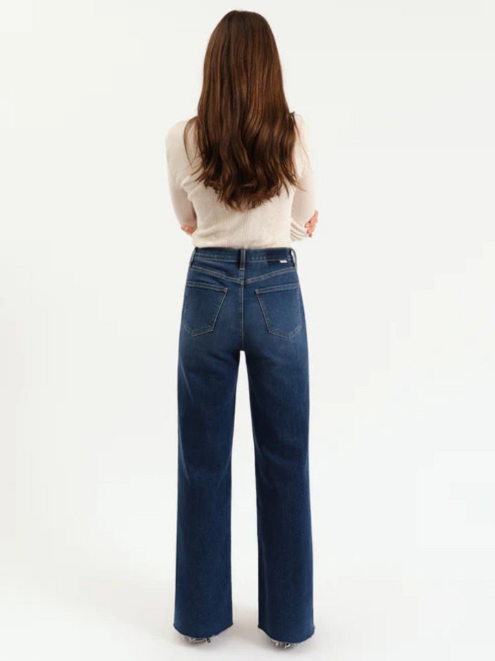 DAZE DENIM - Farout High Rise Wide Leg Jeans: back view of model in dark wash wide-leg denim with high-rise fit