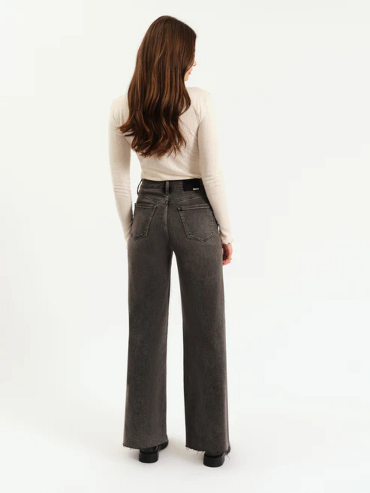 DAZE DENIM - Farout High Rise Wide Leg Jeans: back view of model in dark wash, wide-leg jeans