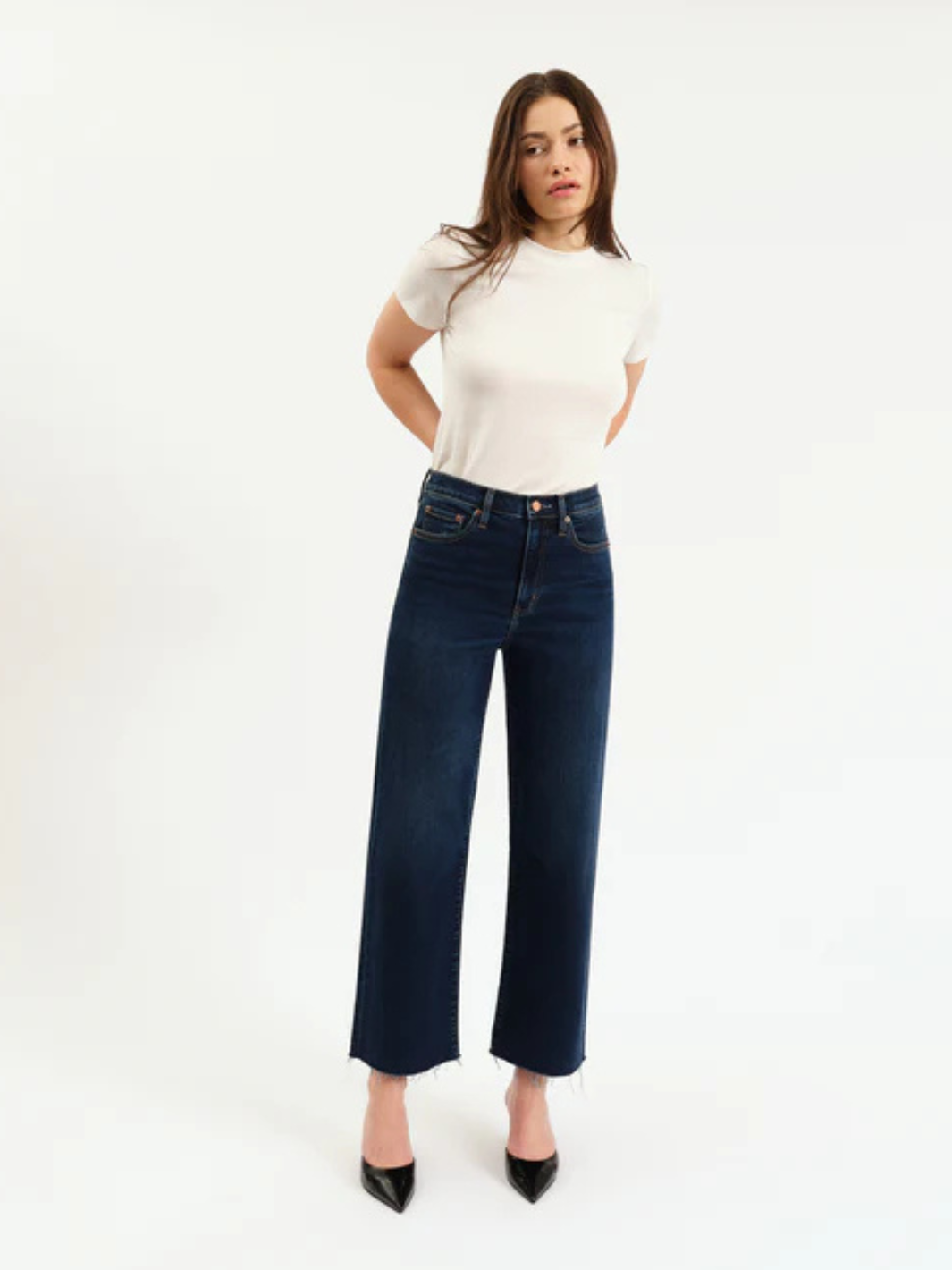 DAZE DENIM - Pleaser High Rise Wide Ankle Jeans in rich indigo with flattering high-rise, wide ankle fit and raw hem detail.