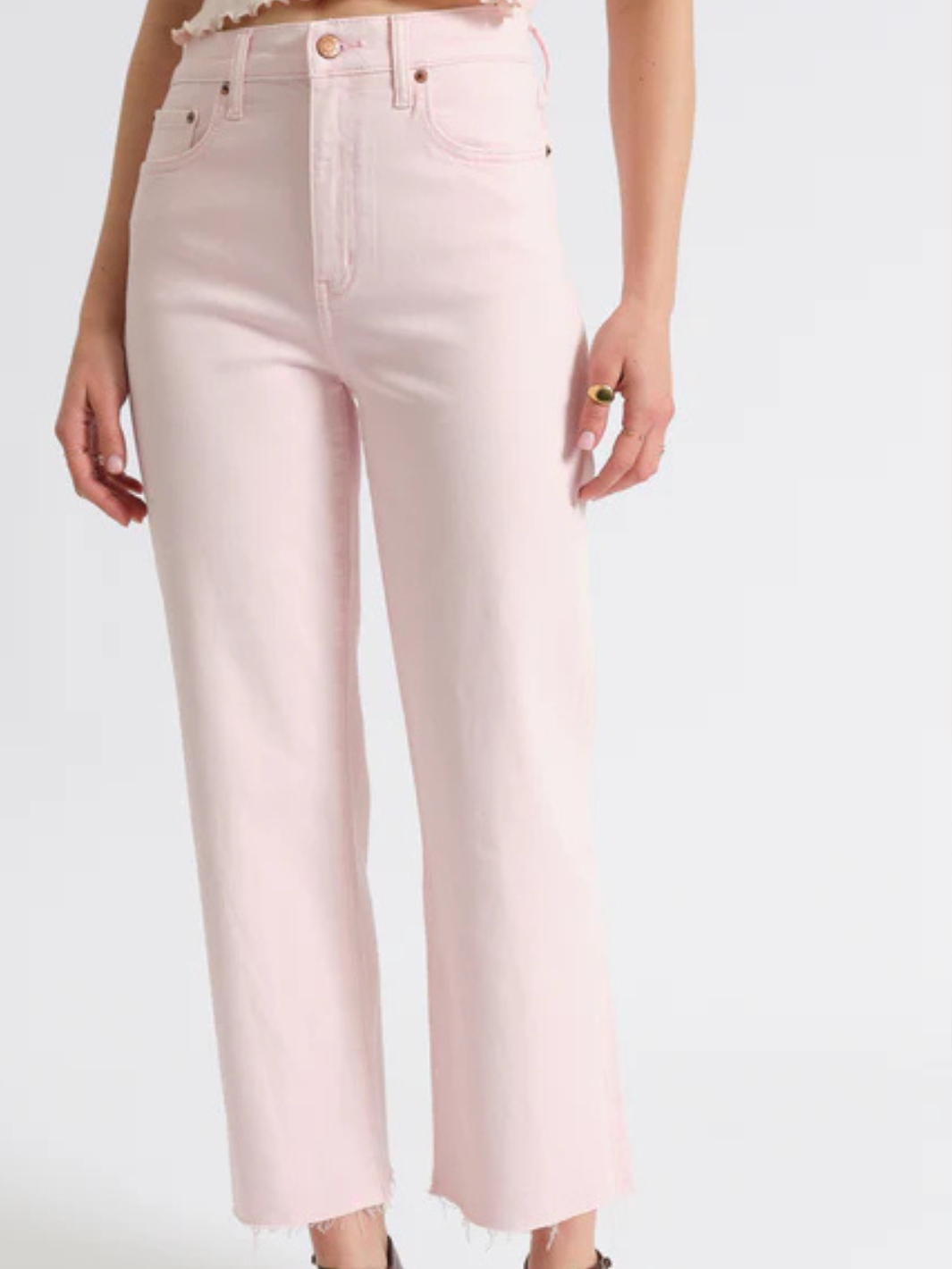 Daze Denim Pleaser high-rise, wide-ankle pink jeans with frayed hem and classic five-pocket fit.