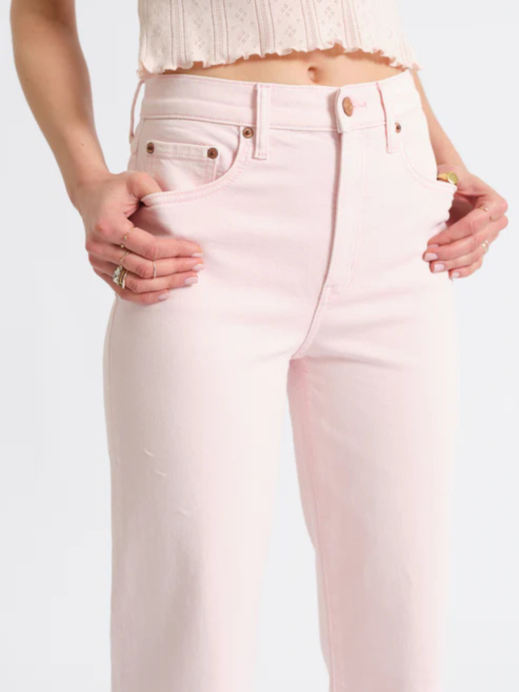 DAZE DENIM - Pleaser High Rise Wide Ankle Jeans in pale pink, 11.5-in rise, 28-in inseam, 19-in leg opening