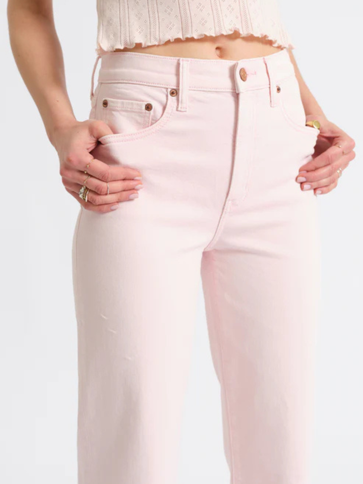 DAZE DENIM - Pleaser High Rise Wide Ankle Jeans in pale pink, 11.5-in rise, 28-in inseam, 19-in leg opening