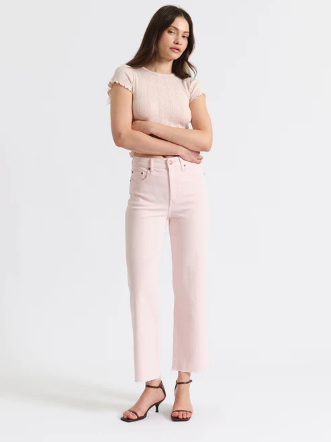 DAZE DENIM Pleaser high-rise wide-ankle jeans in pale pink, full-length silhouette.