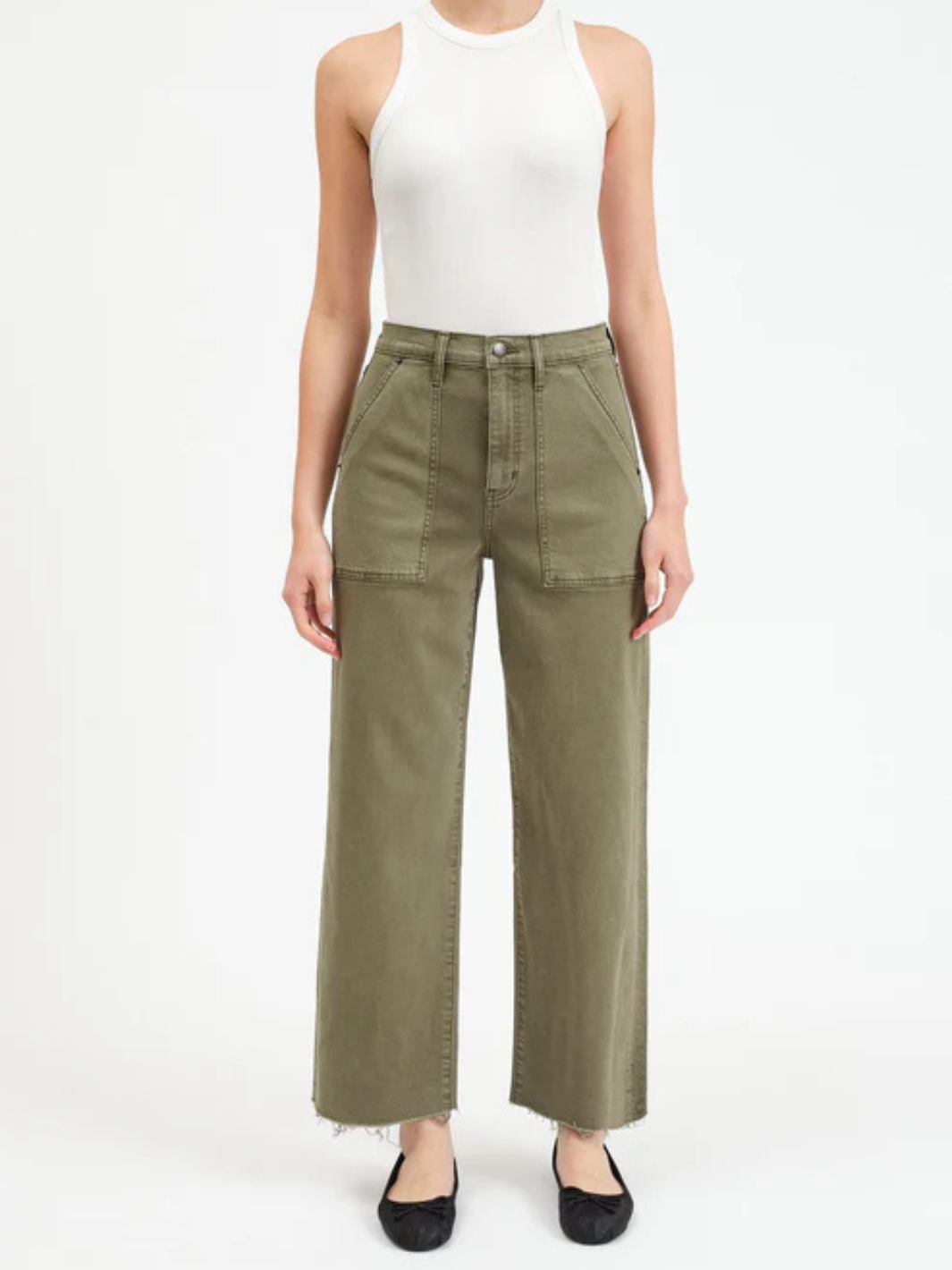 Stylish DAZE DENIM - Pleaser Utility High Rise Wide Ankle Jeans in rich green, featuring patch pockets and raw hems.