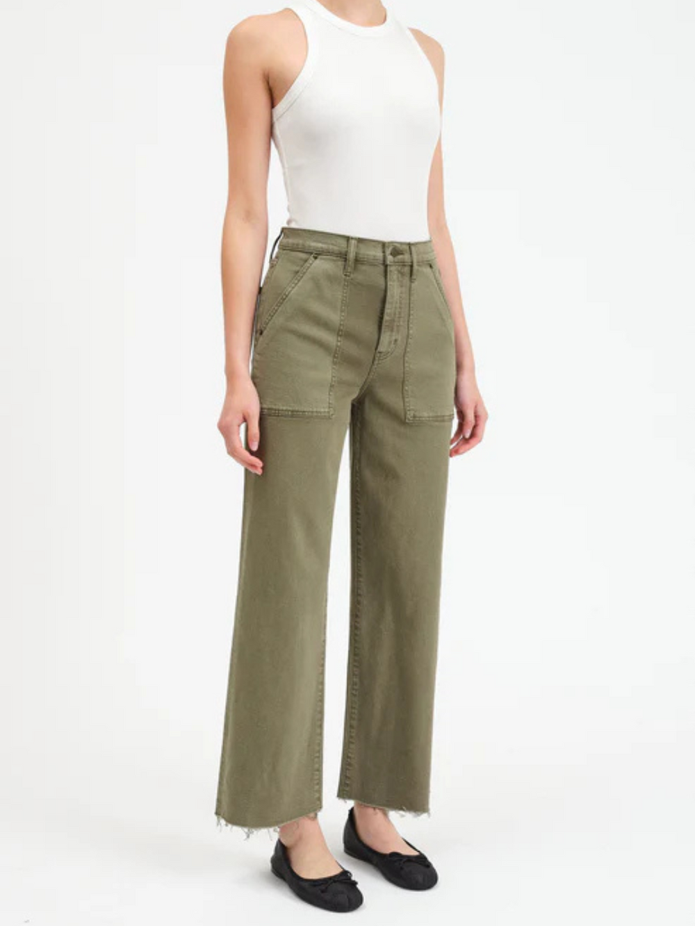 DAZE DENIM - Pleaser Utility High Rise Wide Ankle Jeans in rich green, featuring a high rise and patch pockets.