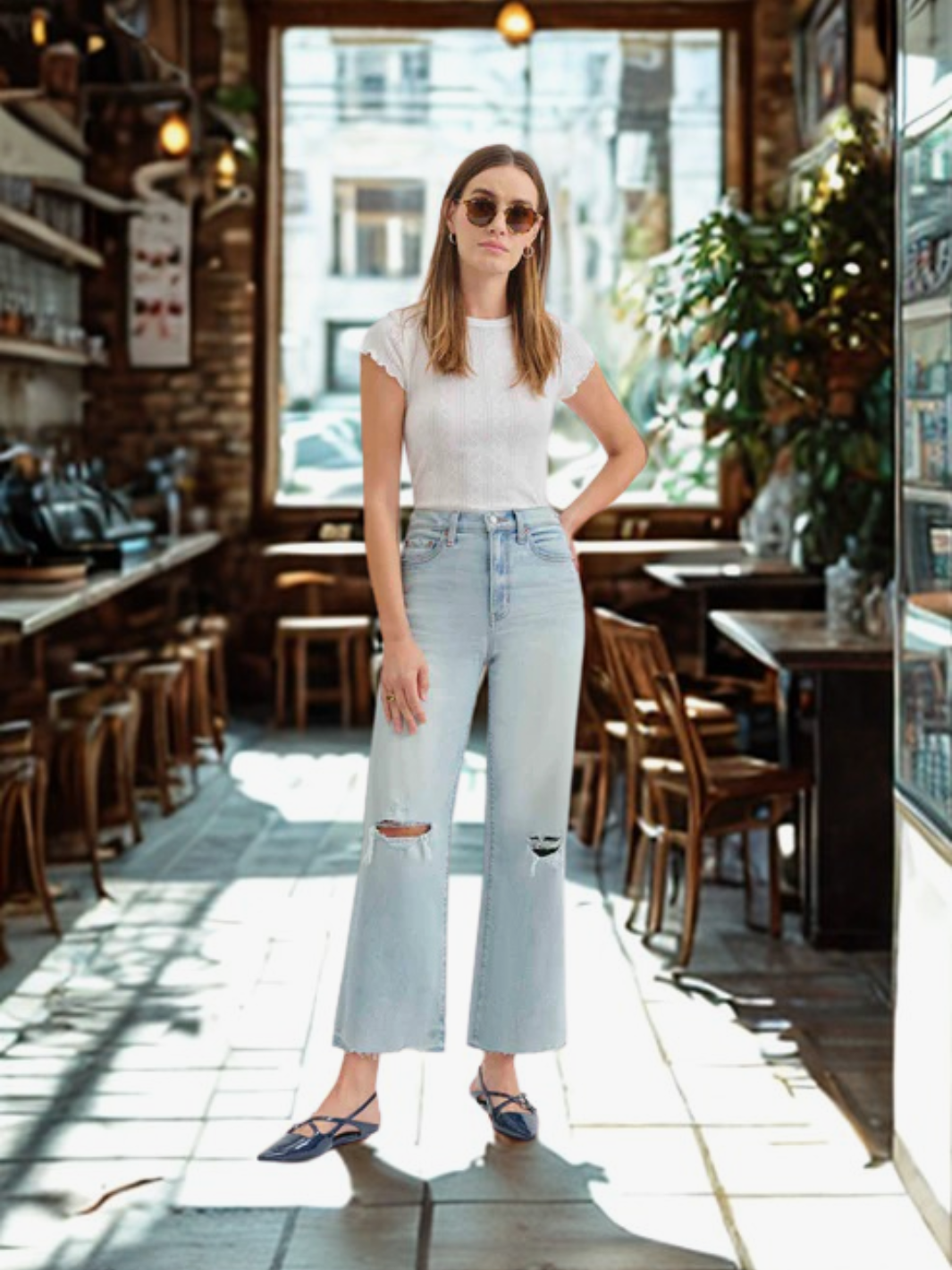 Stylish model wearing DAZE DENIM - Pleaser in Charisma Distressed High Rise Wide Ankle Jeans in a chic café setting.