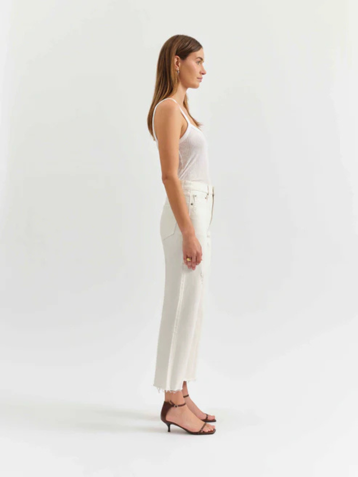 Side-profile model wearing Swan white Sundaze Crop High Rise Vintage Straight jeans.