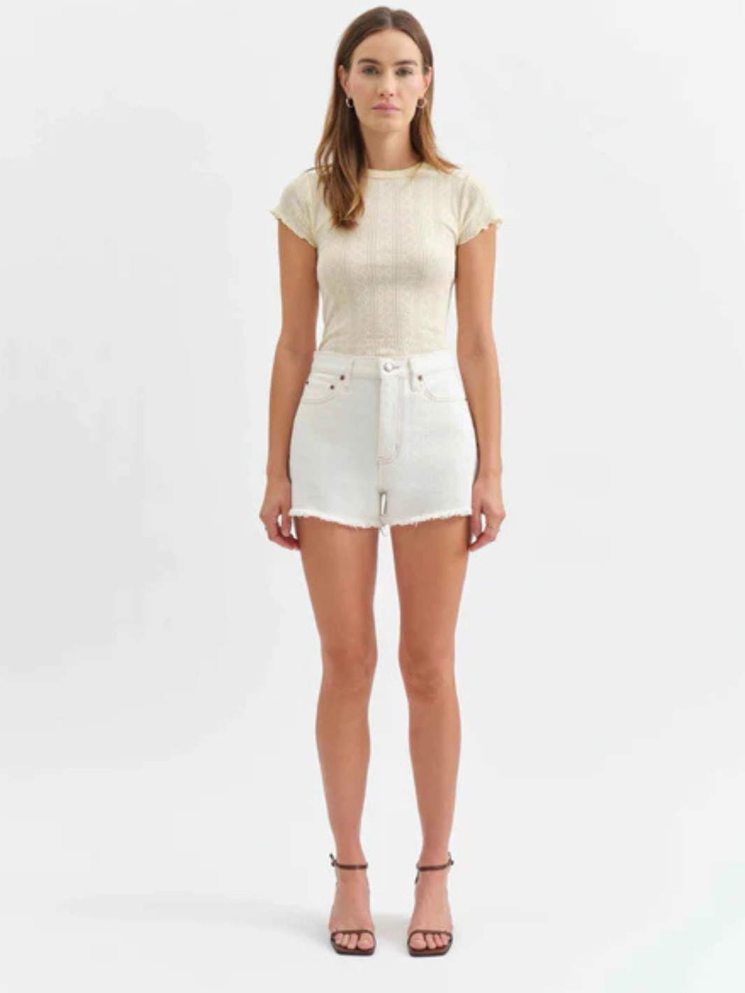 DAZE DENIM - Troublemaker High Rise Short in cream, featuring a stylish cutoff design and a high-rise fit.