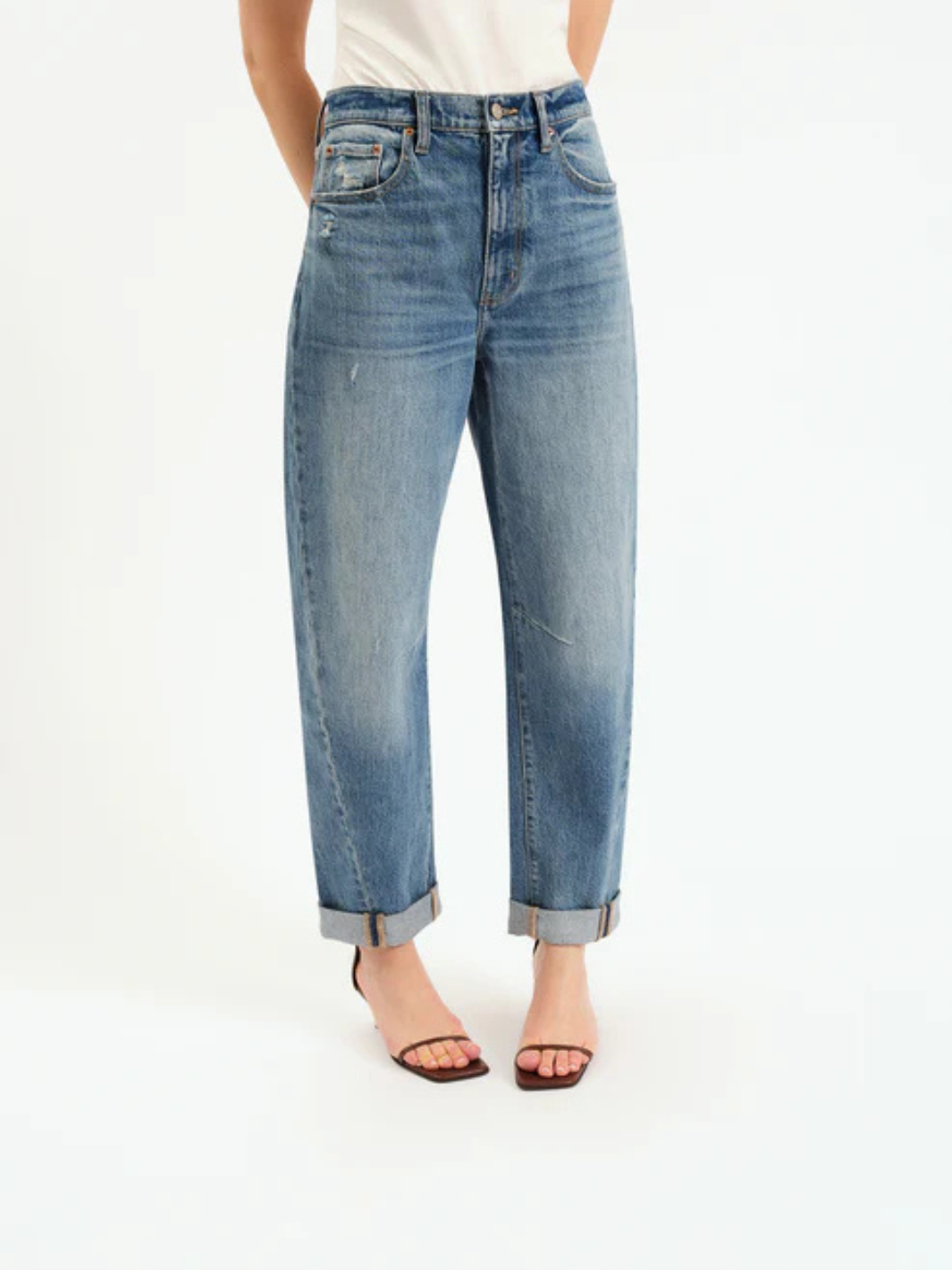 DAZE DENIM - Venice Barrel Leg jeans with high rise and pre-rolled cuffs on blue denim model.