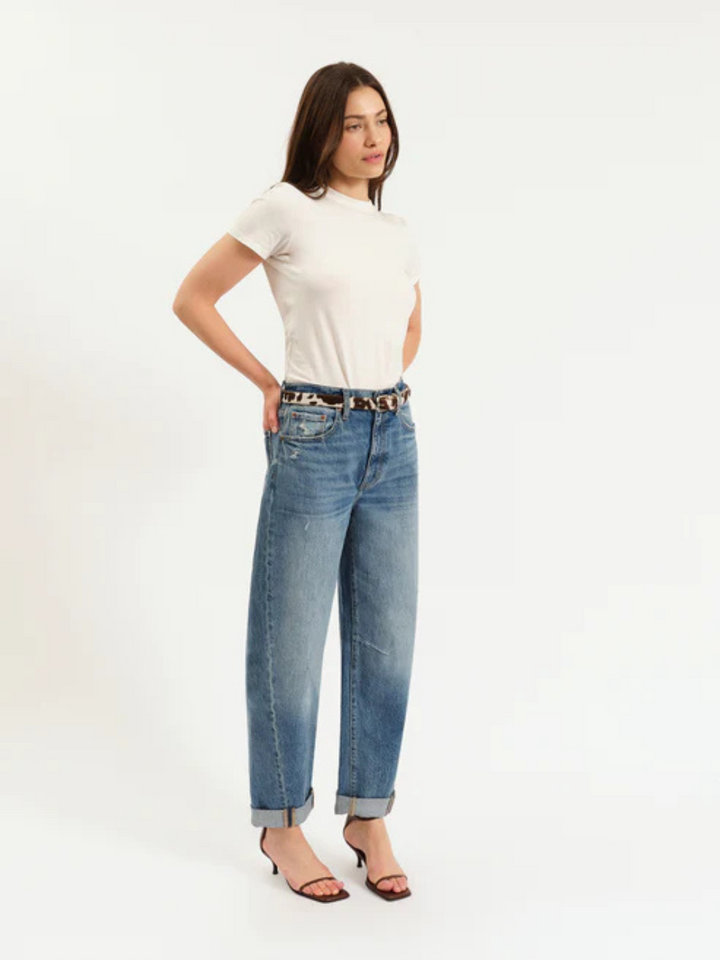 DAZE DENIM - Venice Barrel Leg model wearing high-rise jeans with pre-rolled cuff, white tee