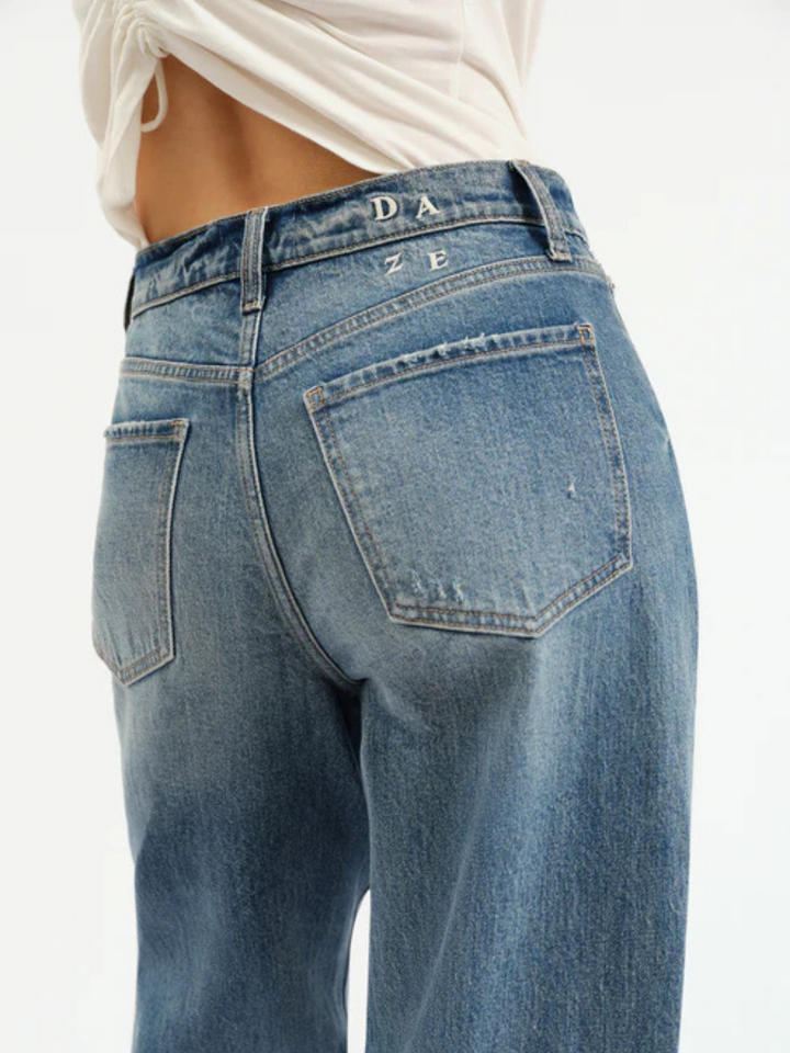 DAZE DENIM - Venice Barrel Leg jeans (back view): high-rise, pre-rolled cuff, sculpted relaxed fit.