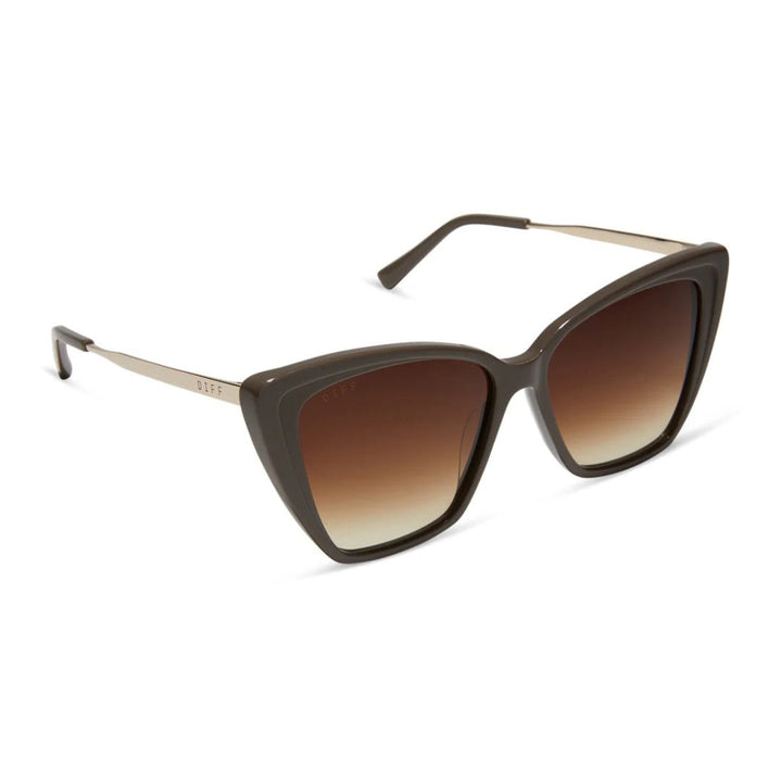 Cat-eye sunglasses with tinted lenses on a white background.