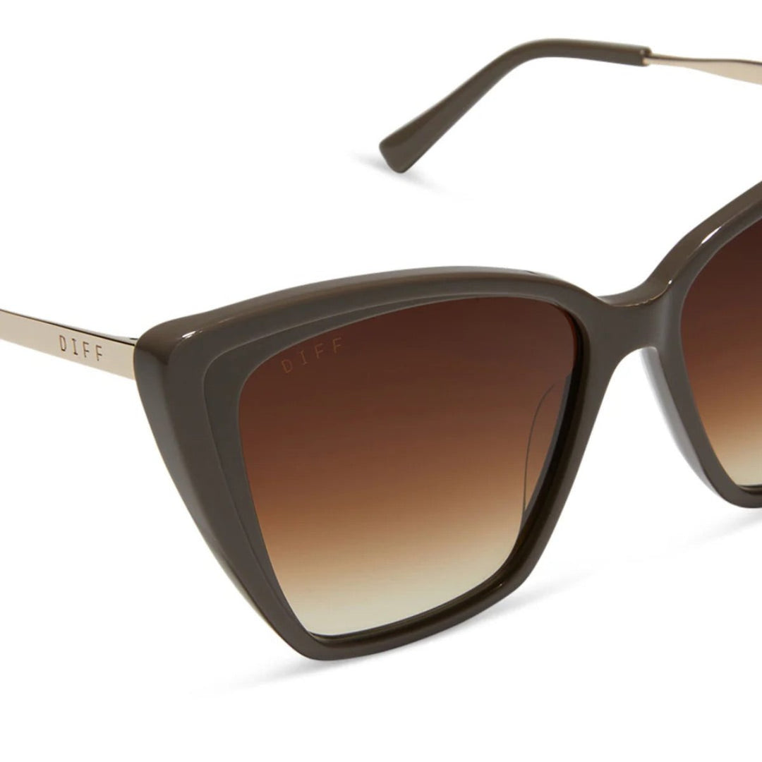 Cat-eye sunglasses with tinted lenses on a white background.