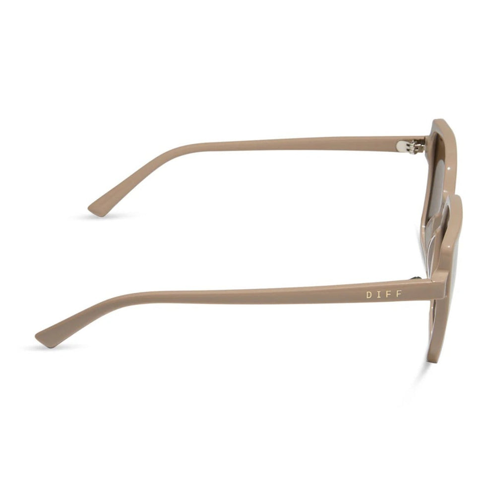 Beige-framed sunglasses with brown tinted lenses on a white background.