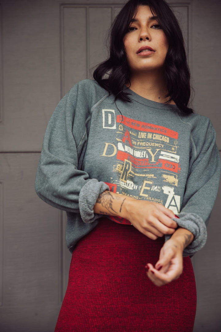 Daydreamer Music Head Raglan Crew Pullover - Grey