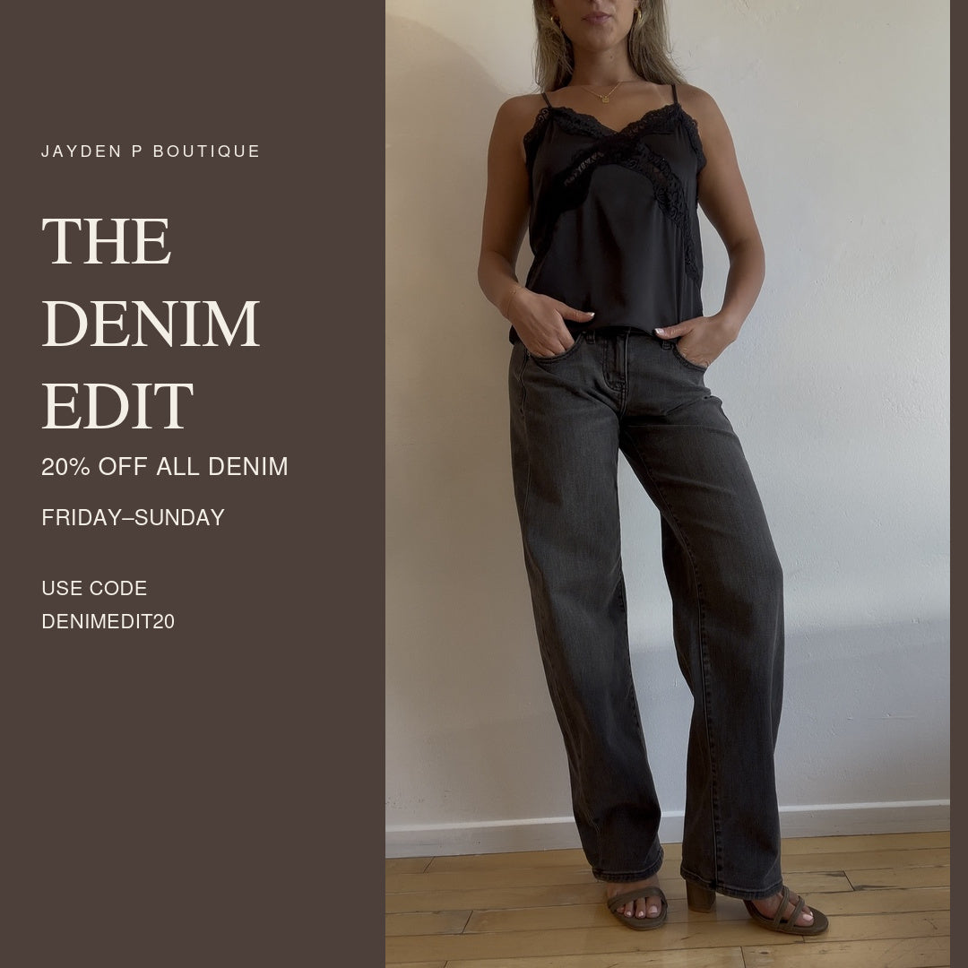 Model wearing a black lace camisole and black jeans beside The Denim Edit offer: 20% off all denim Friday through Sunday with code DENIMEDIT20.