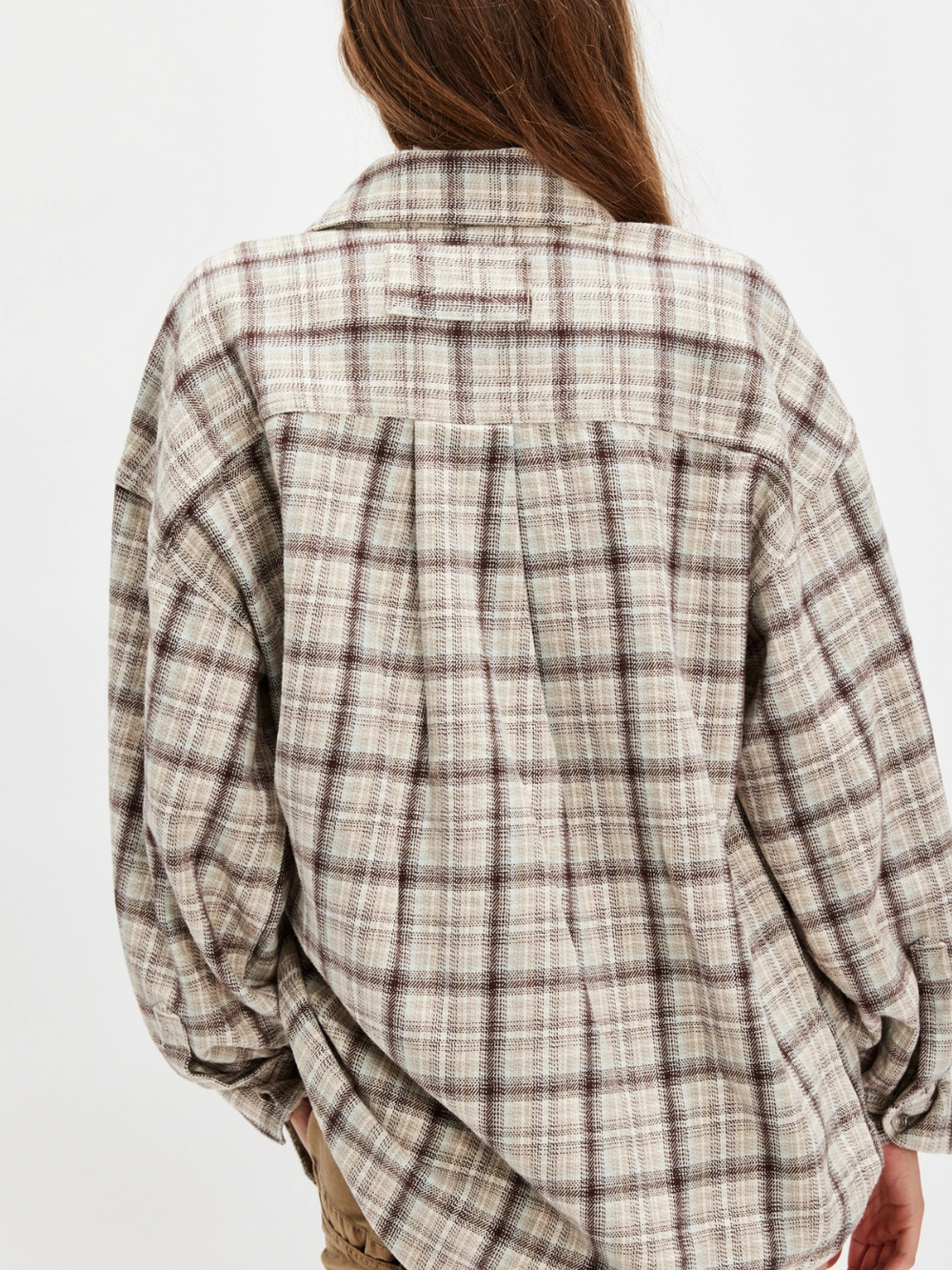 Stylish back view of FREE PEOPLE - Ashley Plaid Shirt Top, showcasing its oversized, comfy flannel design.