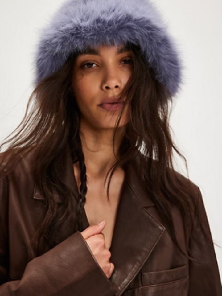 Free People Ice Queen Bucket Hat in blue-gray faux fur on model