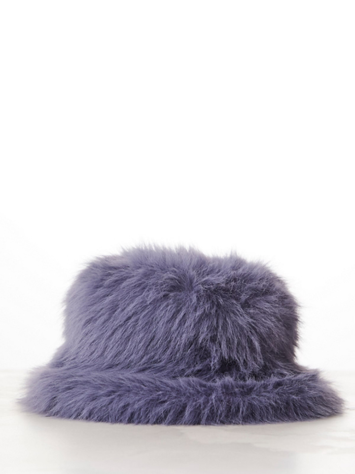Free People Ice Queen lavender faux-fur bucket hat with plush texture.