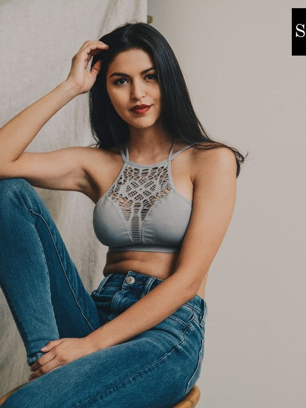 Jayden P Boutique - Floral Cutout Seamless Crop Top - EXTRA SMALL/SMALL / GRAY