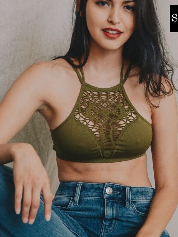 Jayden P Boutique - Floral Cutout Seamless Crop Top - EXTRA SMALL/SMALL / ARMY