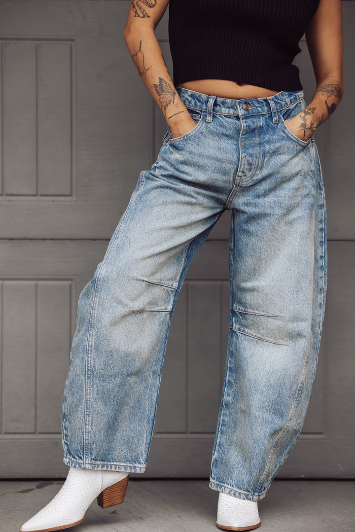 Free People Good Luck Mid Rise Barrel Jeans - Light Wash