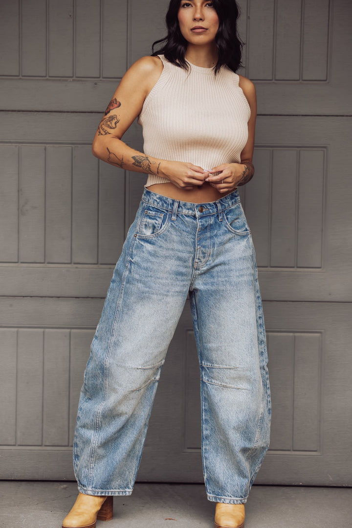 Jayden P Boutique - Free People Good Luck Mid Rise Barrel Jeans - 24 / Ultra Light Beam