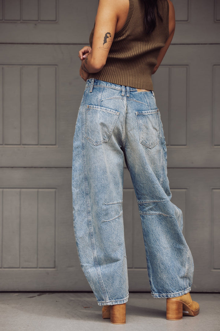 Free People Good Luck Mid Rise Barrel Jeans - Light Wash