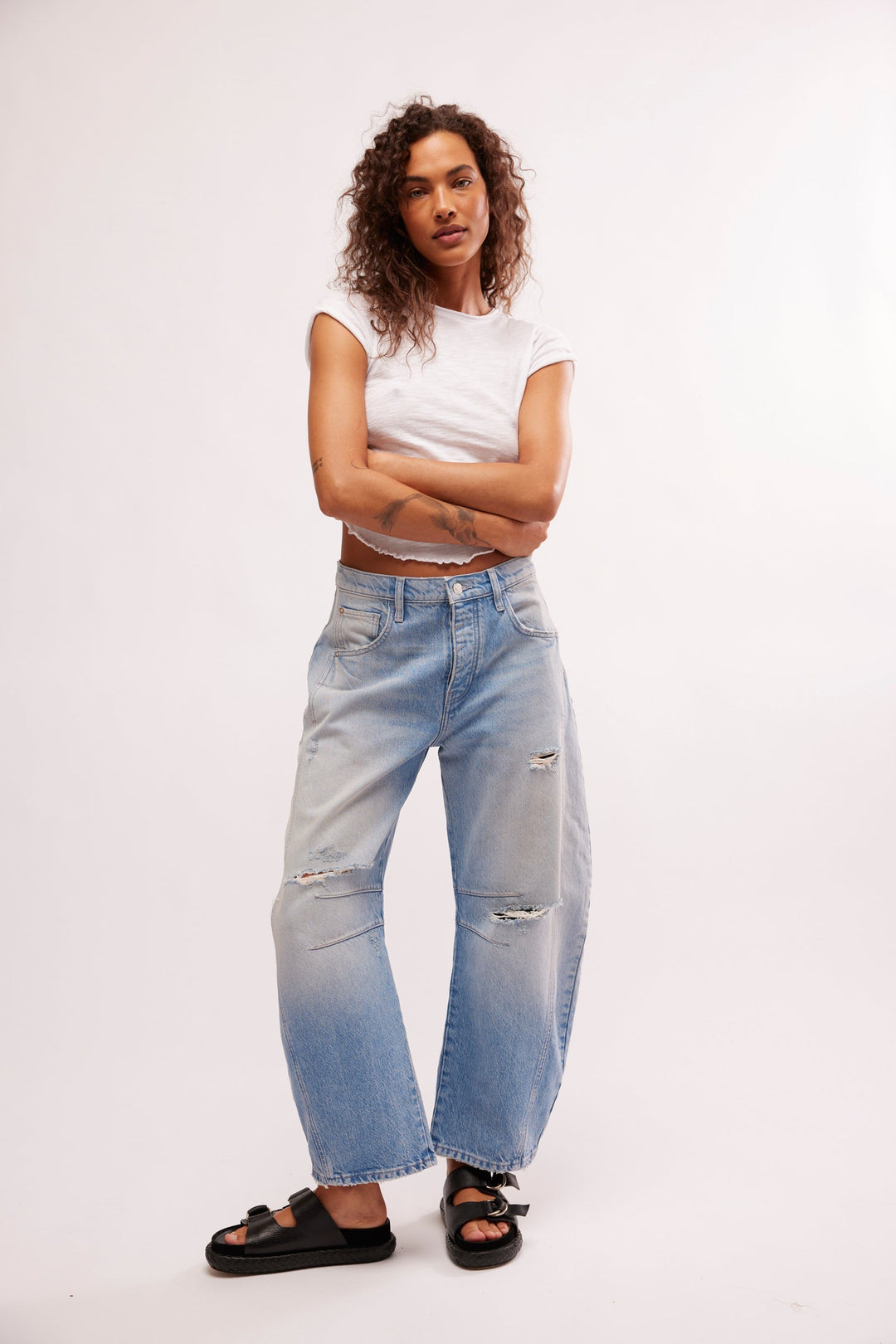 Jayden P Boutique - Free People Good Luck Mid Rise Barrel Jeans - 24 / Black