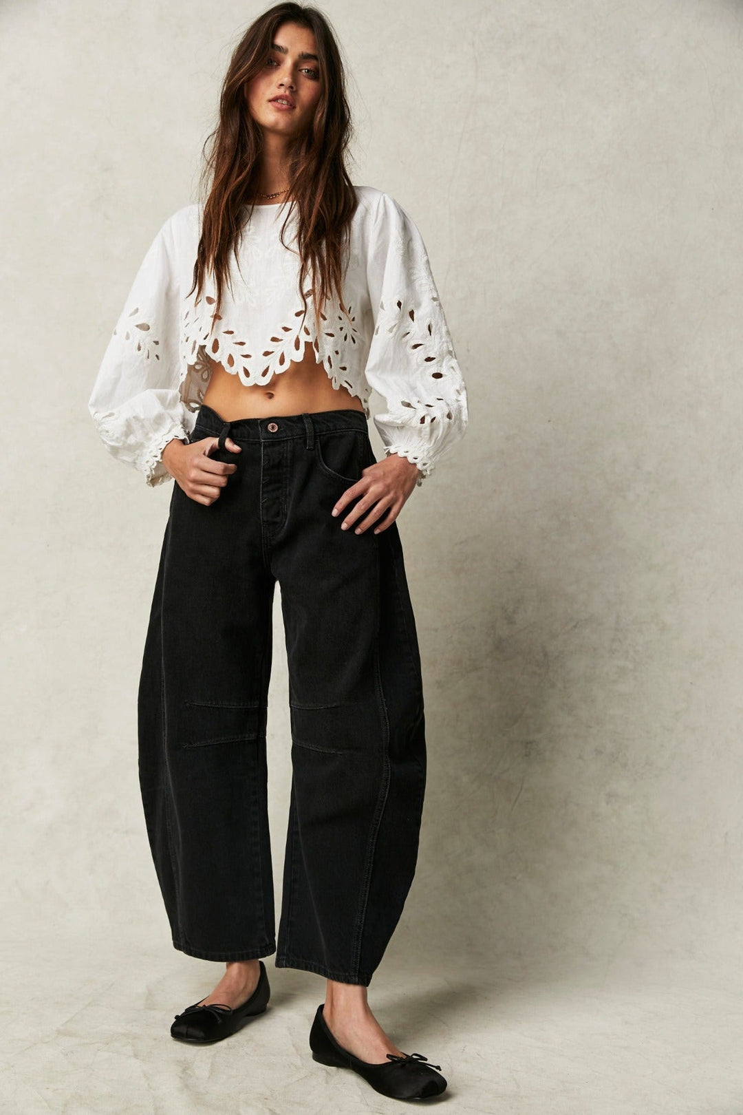 Jayden P Boutique - Free People Good Luck Mid Rise Barrel Jeans - 24 / Black