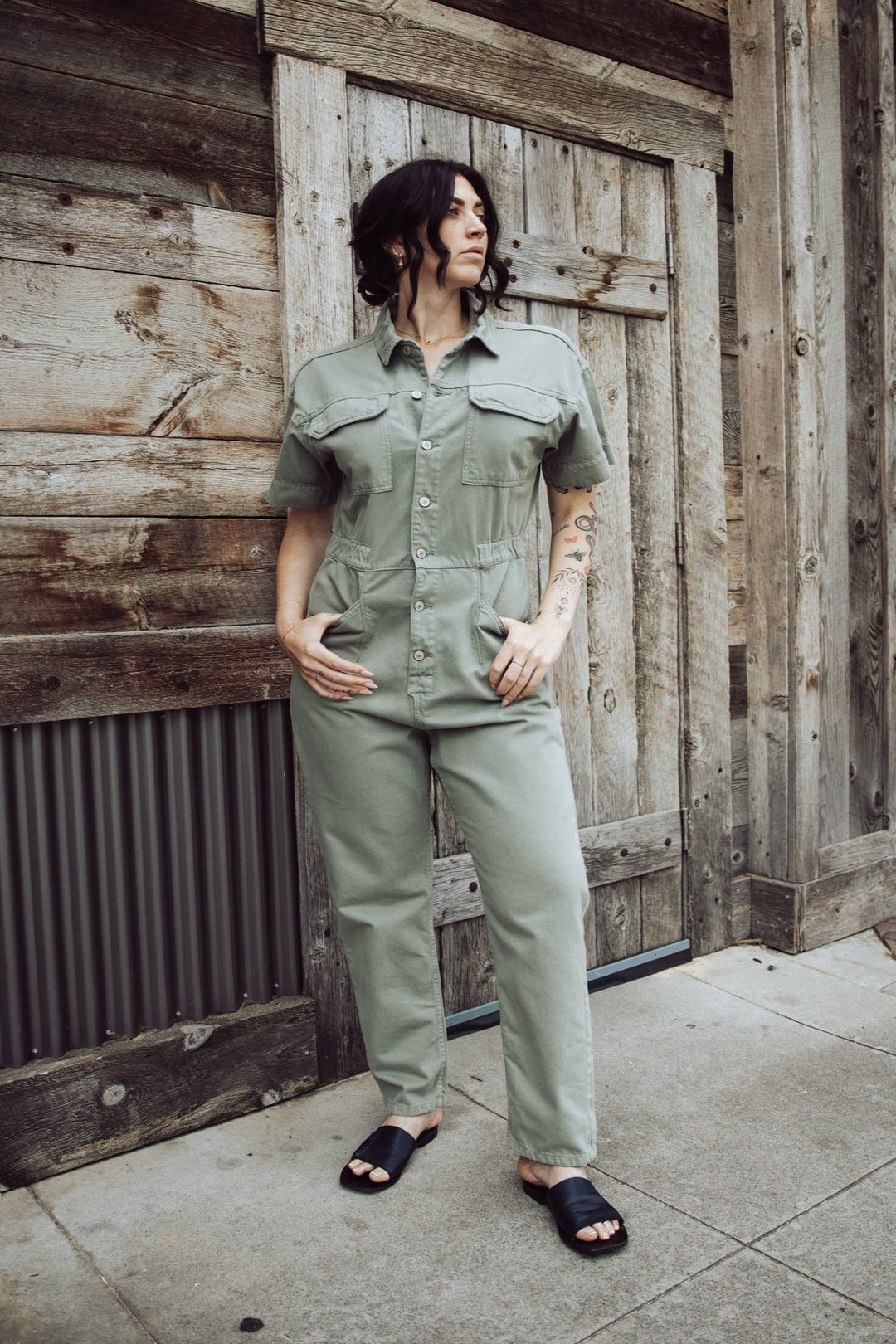 Jayden P Boutique - Free People Marci Denim Jumpsuit - Washed Army - X-SMALL