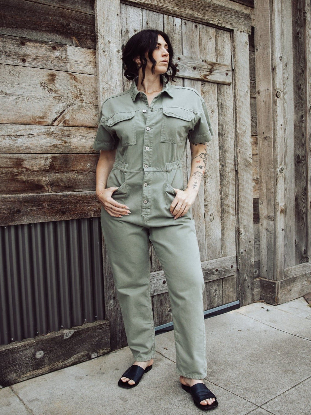 Jayden P Boutique - Free People Marci Denim Jumpsuit - Washed Army - X-SMALL