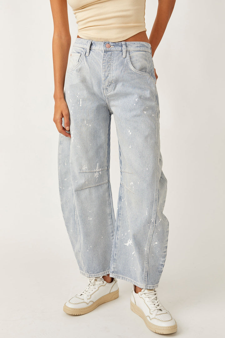 Jayden P Boutique - Free People Stripe Good Luck Mid-Rise Barrel Jeans - 25 / Tracks