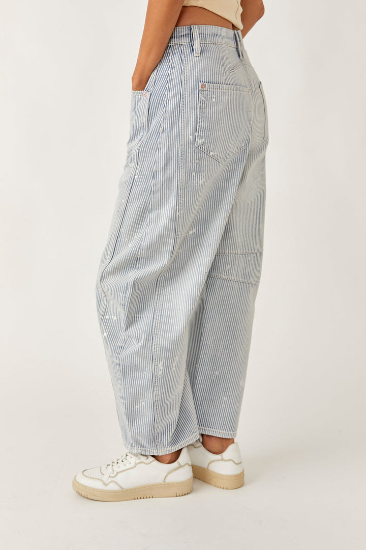 Jayden P Boutique - Free People Stripe Good Luck Mid-Rise Barrel Jeans - 25 / Tracks