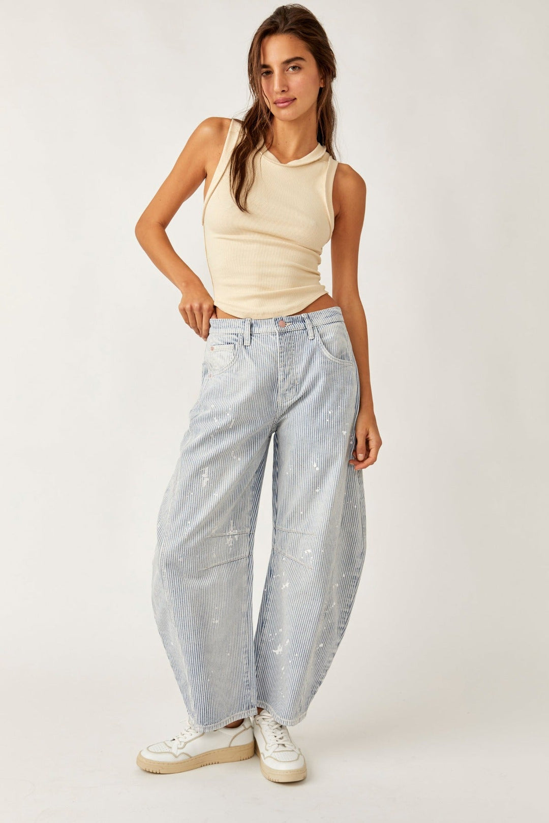 Jayden P Boutique - Free People Stripe Good Luck Mid-Rise Barrel Jeans - 25 / Tracks