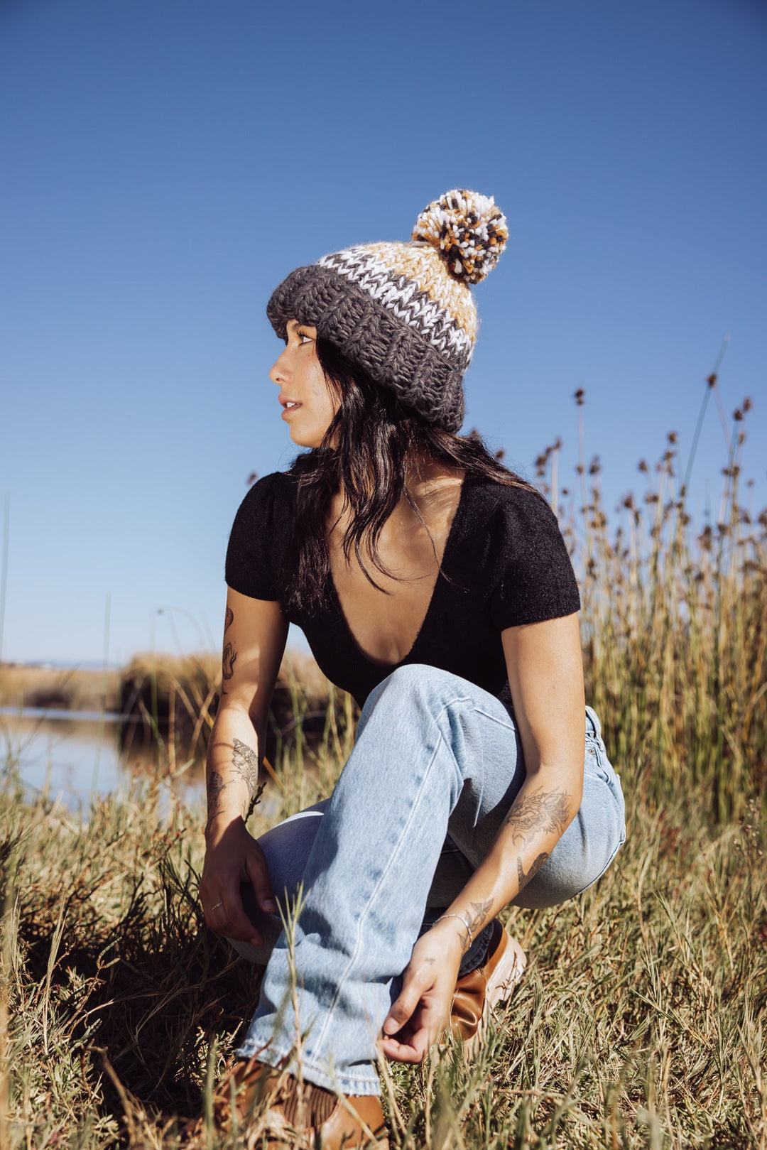 Free People Tide Stripe Knit Pom Beanie - Coal