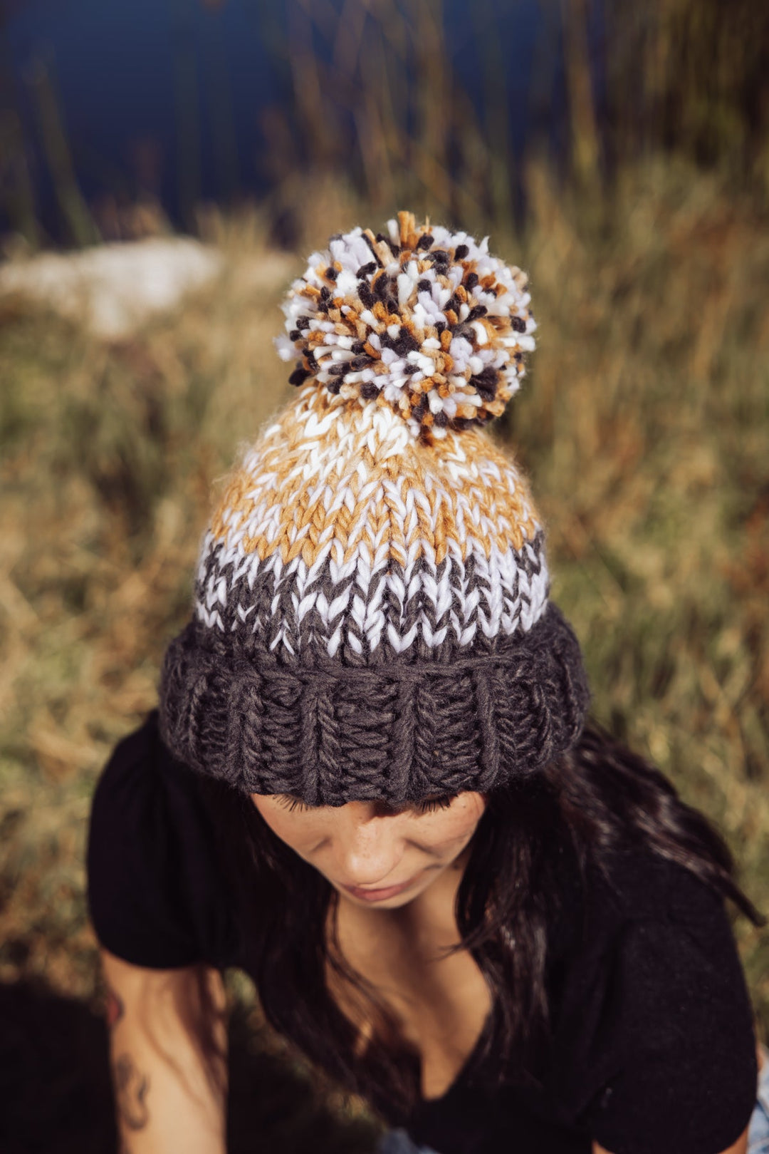 Free People Tide Stripe Knit Pom Beanie - Coal