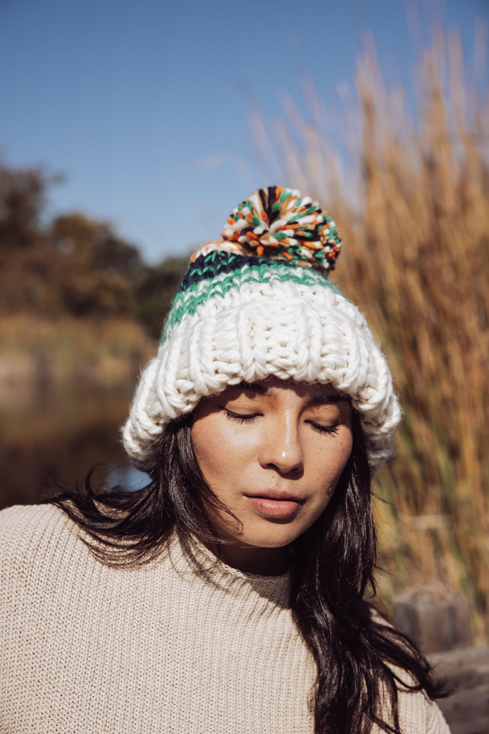 Free People Tide Stripe Knit Pom Beanie - Ivory