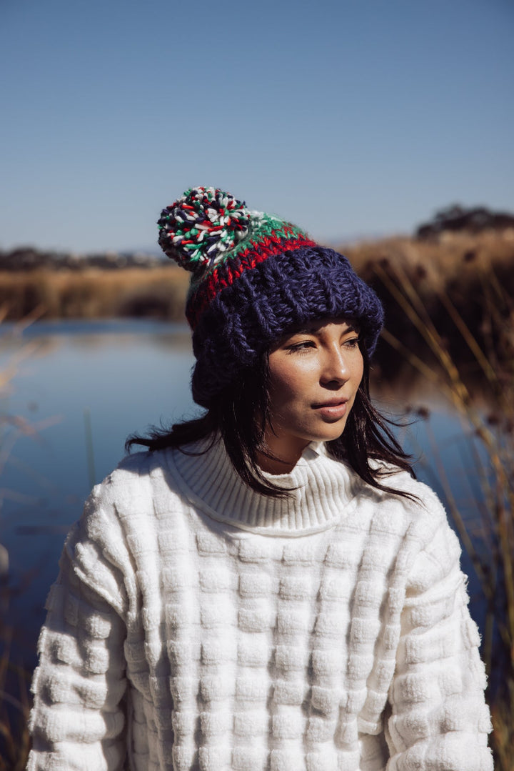 Free People Tide Stripe Knit Pom Beanie - Navy