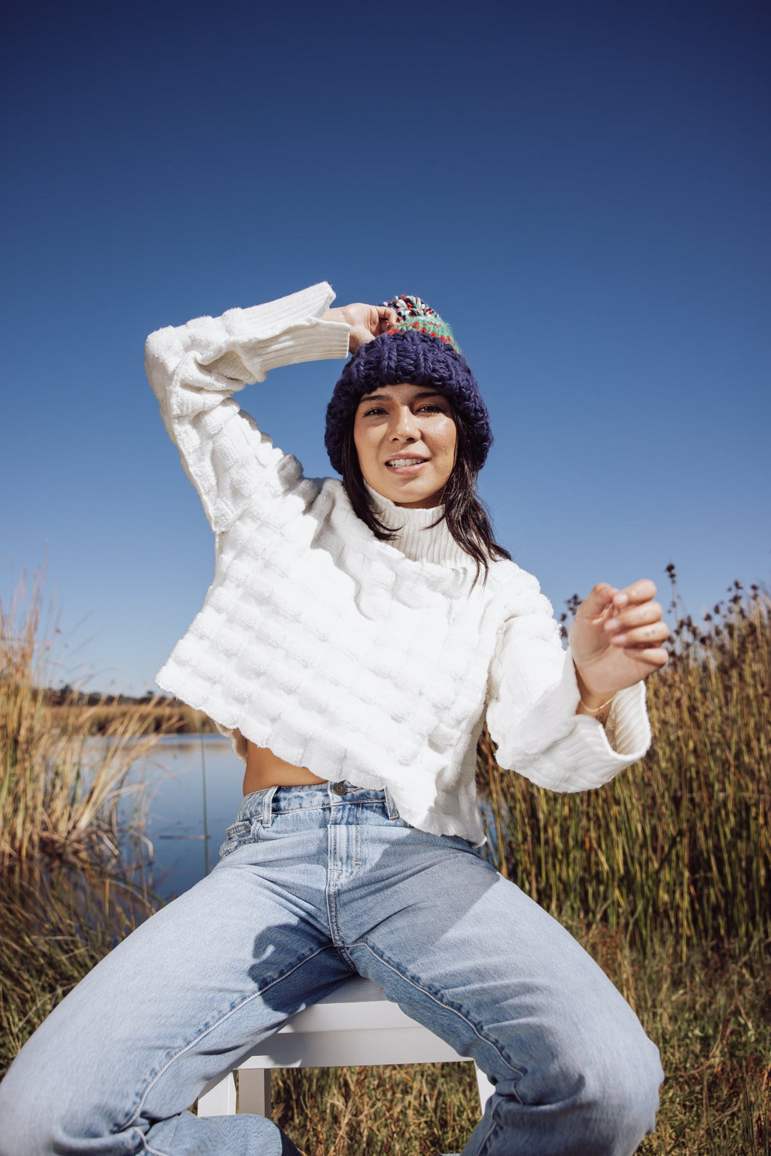 Jayden P Boutique - Free People Tide Stripe Knit Pom Beanie - Navy - Default Title