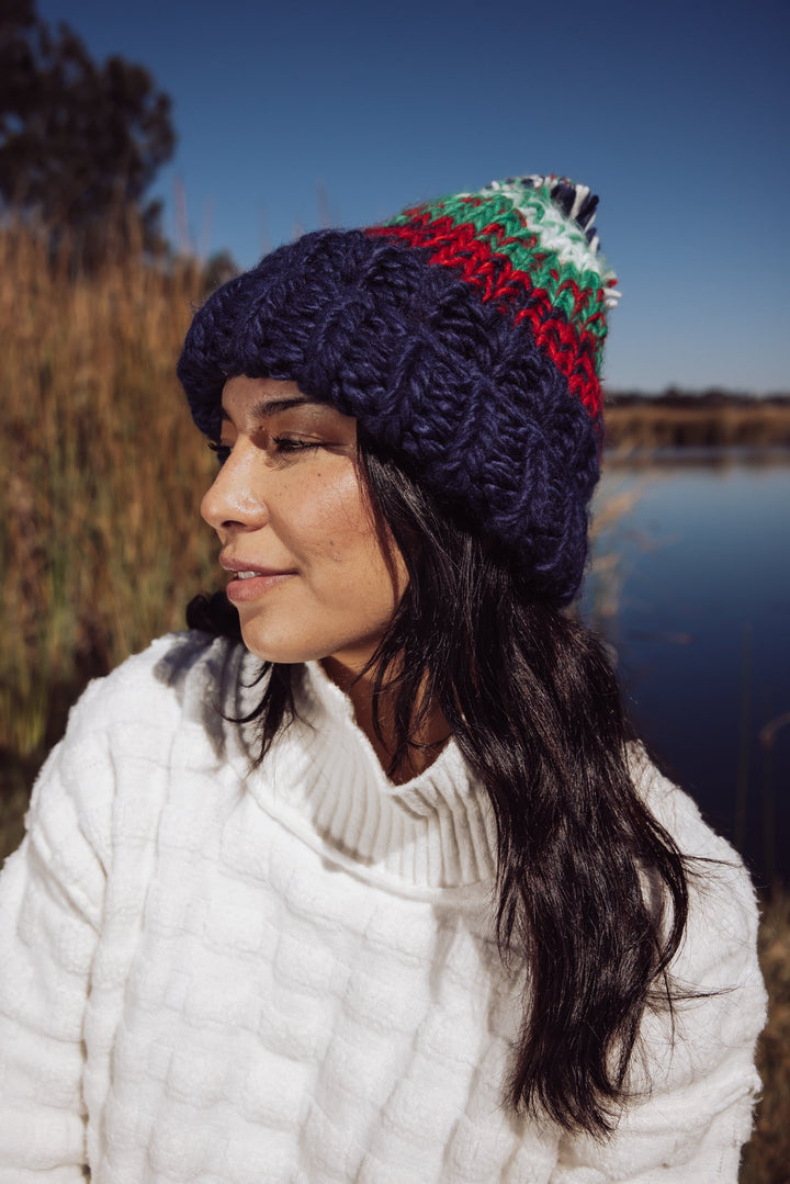 Free People Tide Stripe Knit Pom Beanie - Navy