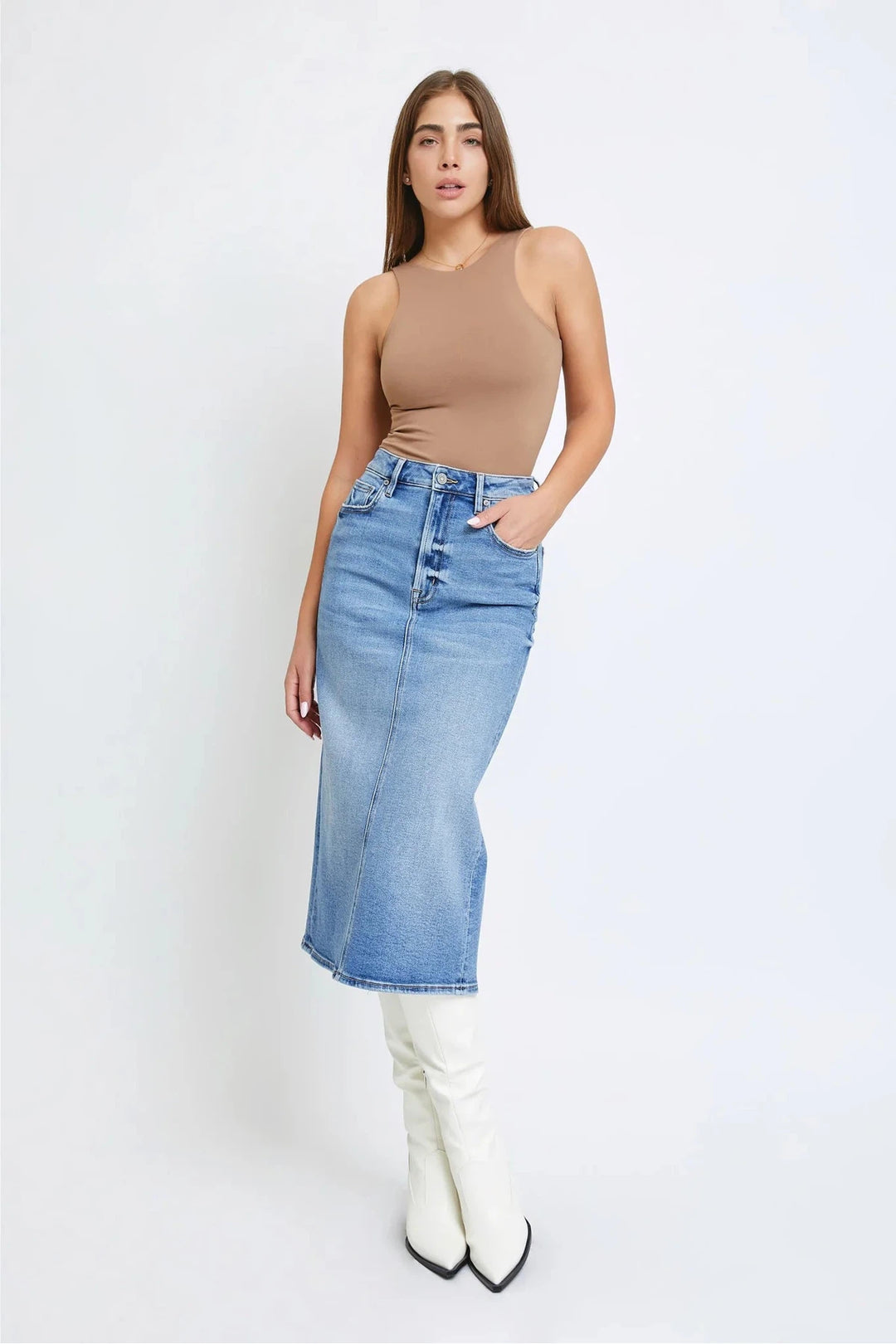 HIDDEN JEANS Peyton Denim Midi Pencil Skirt-HIDDEN JEANS-Jayden P Boutique