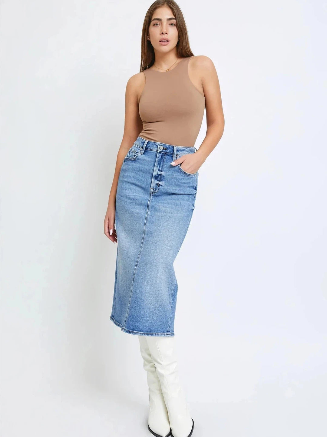 Jean midi pencil skirt best sale